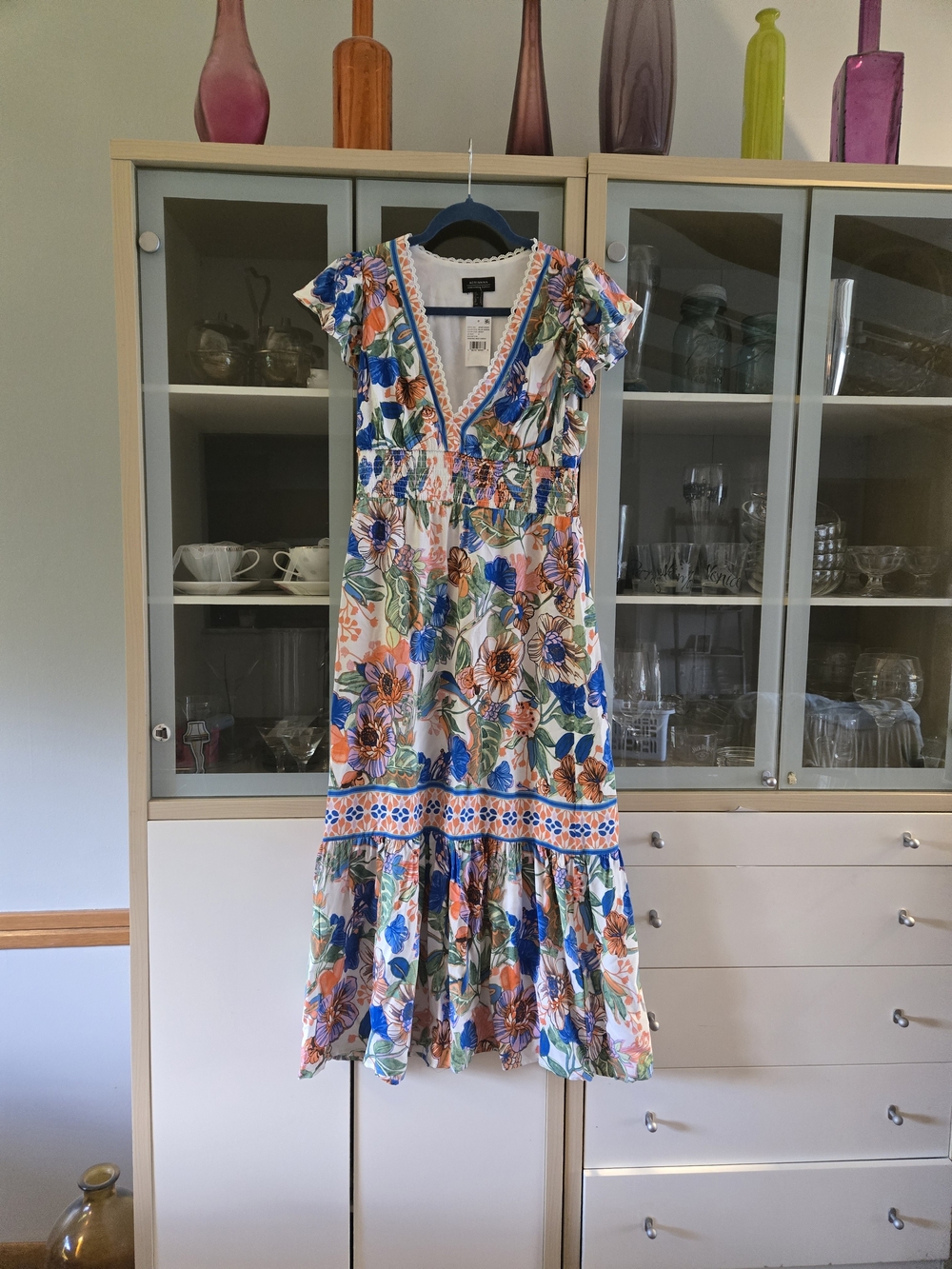 NWT, Adrianna Papell White Floral Midi Dress with Blue & Orange Accents